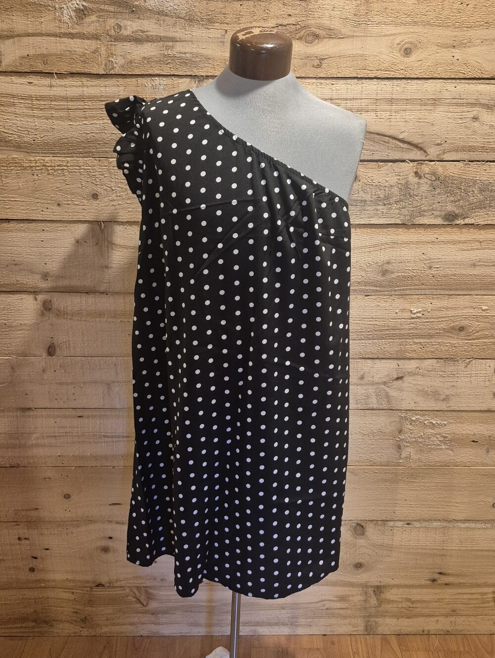 5/$50. One-Shoulder Black Polka Dot Dress